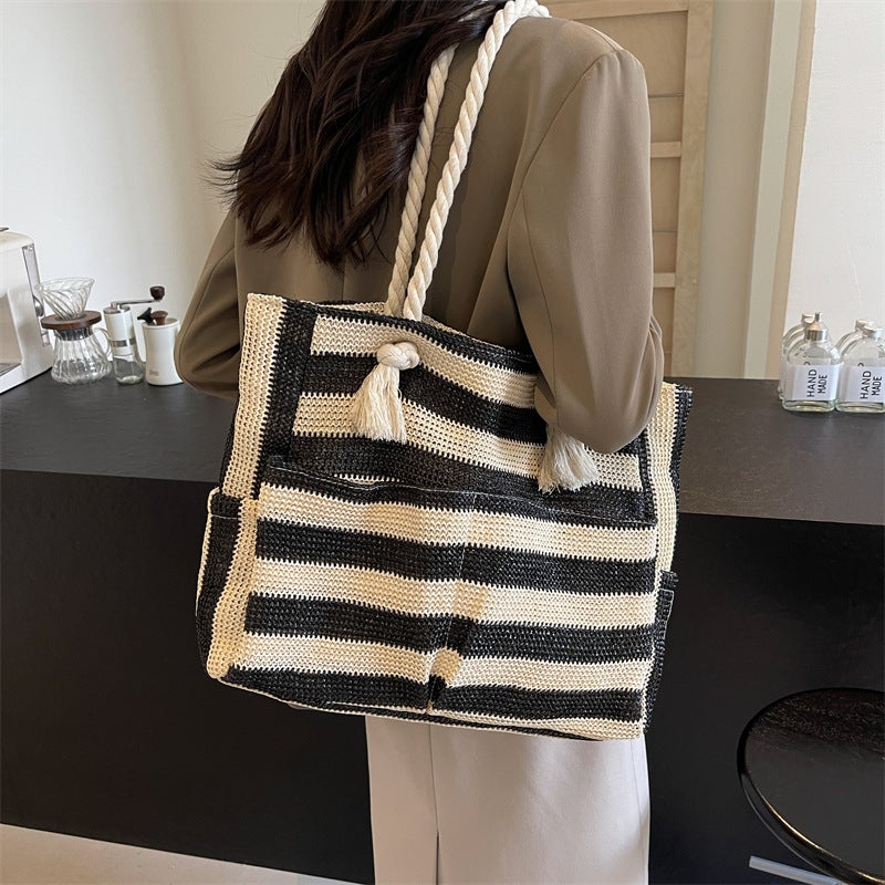 South Korea Ins Artistic Contrast Color Striped Woven Tote Bag Large Capacity Shoulder Women'S Bag Lazy Style Shopping Bag Large Bag - Image 2