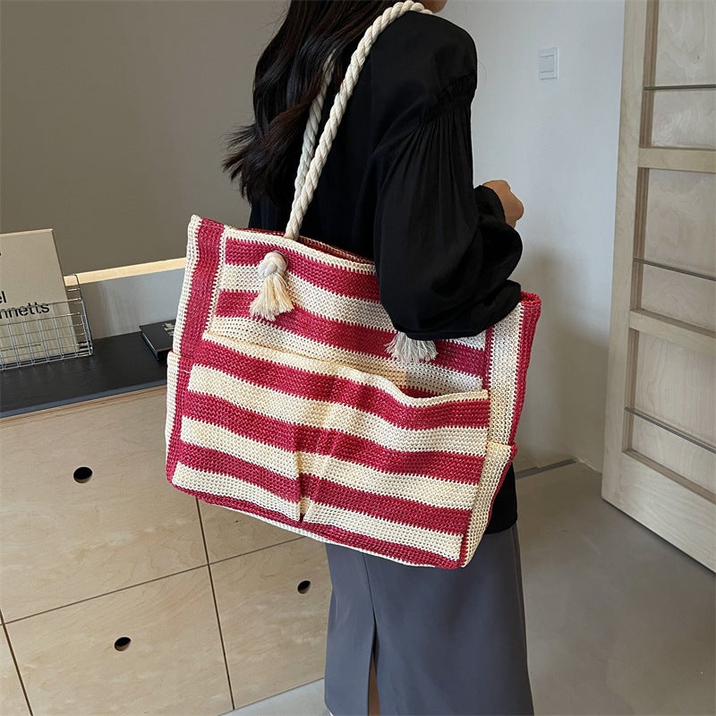 South Korea Ins Artistic Contrast Color Striped Woven Tote Bag Large Capacity Shoulder Women'S Bag Lazy Style Shopping Bag Large Bag - Image 3