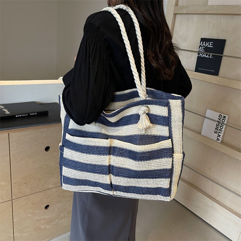 South Korea Ins Artistic Contrast Color Striped Woven Tote Bag Large Capacity Shoulder Women'S Bag Lazy Style Shopping Bag Large Bag - Image 4