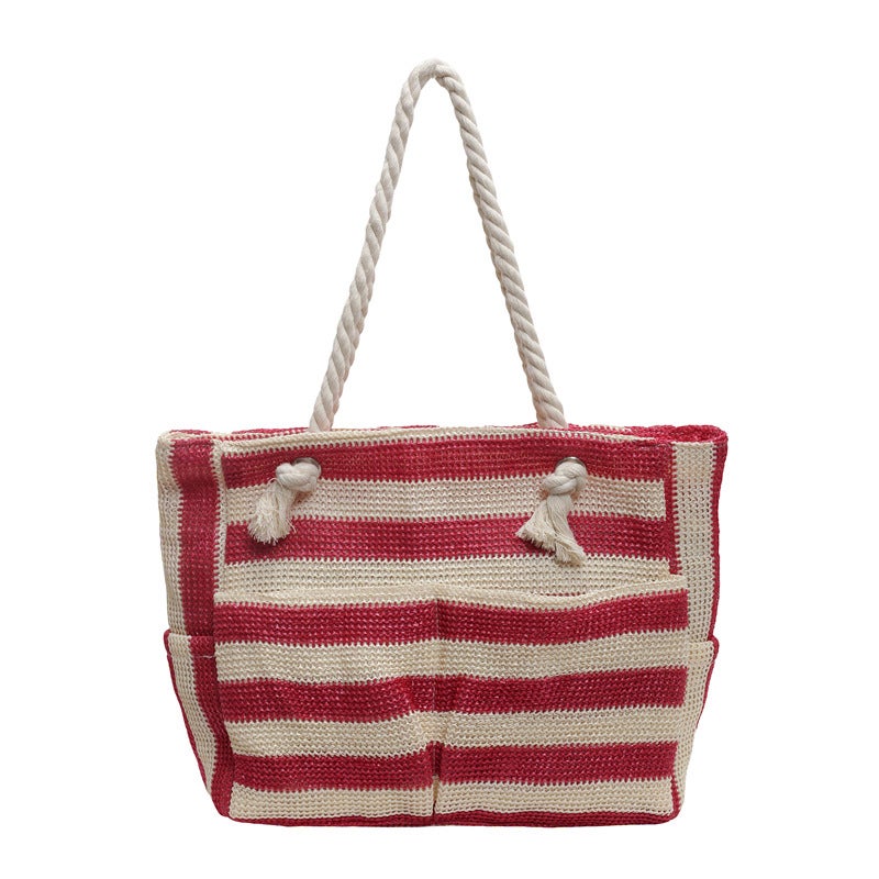 South Korea Ins Artistic Contrast Color Striped Woven Tote Bag Large Capacity Shoulder Women'S Bag Lazy Style Shopping Bag Large Bag - Image 1