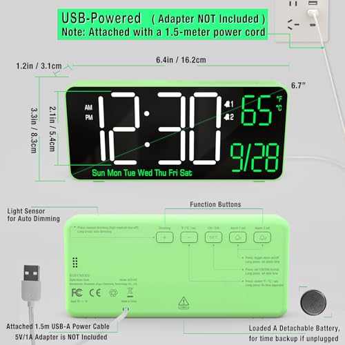 KOSUMOSU Digital Clock for Bedroom, 6.7in Desk Clock, Auto Dimming, Room Temperature, Day of The Week, Date, Seconds, Clocks for Living Room, Alarm Clocks for Bedrooms - Image 5
