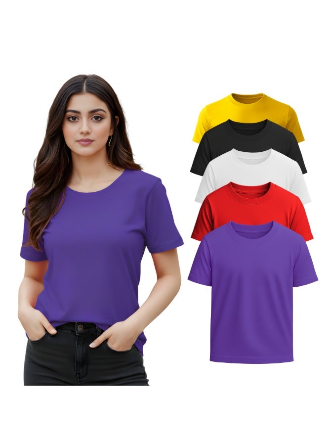 برينت شوب فور مي مجموعة من 5 تيشرتات نسائية برقبة دائرية | أكمام قصيرة | تيشرتات قطنية | ملابس مريحة للاستخدام اليومي، وللنادي الرياضي - Image 1