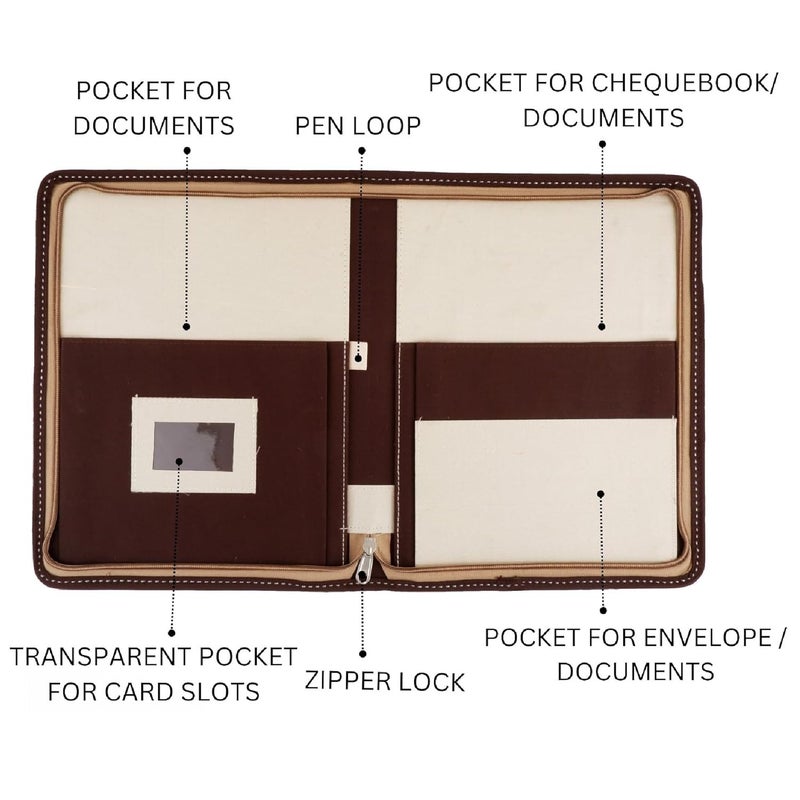 Asraw A4 Jute Professional File Folder Document Zipper Organizer for Corporate Meetings, Interview Portfolio, Certificates, Document Holder, Jute Conference File Folder (Chocolate-Brown) - Image 3