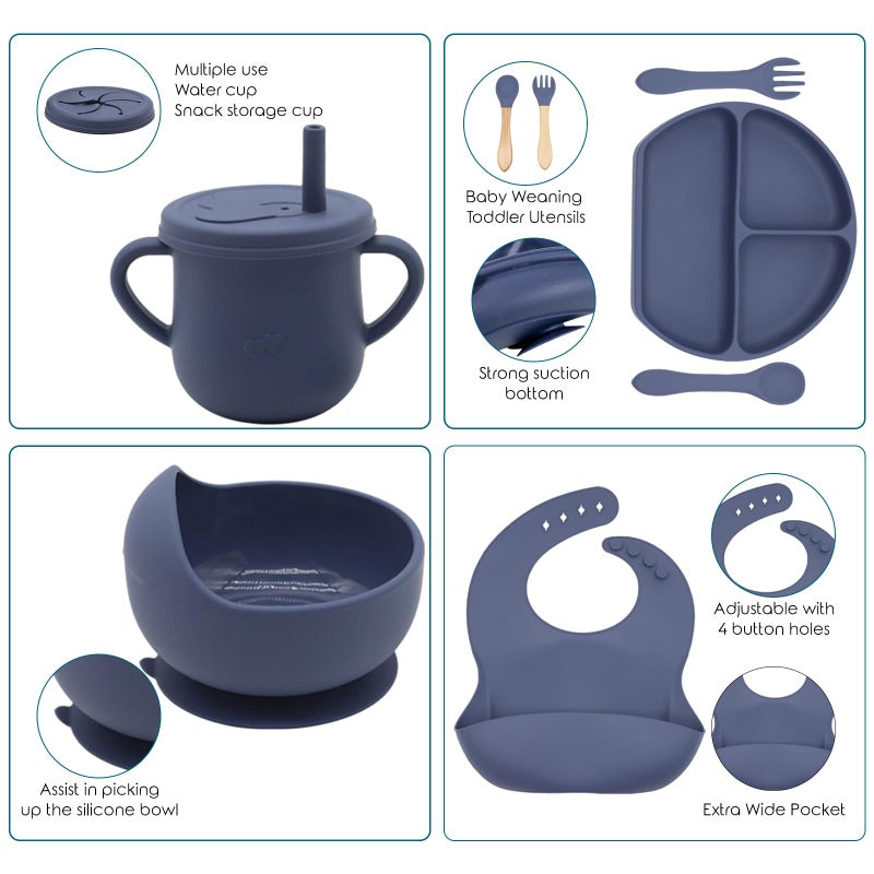 Dormlony 100% Silicone Baby Feeding Set, BPA Free Baby Dishes with Suction Bowl, Divided Plate, Toddler Self Feeding Dish Set with Spoons, Forks, Sippy Cup and Bib, Baby Eating Utensils (Navy Blue) - Image 3