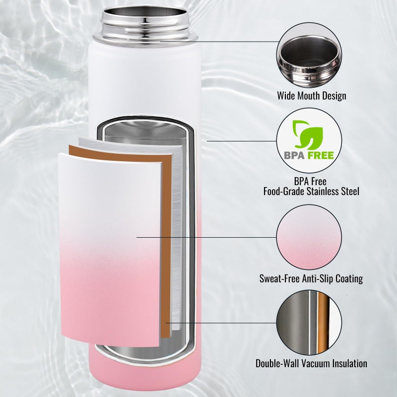 Fijinhom 24 oz Insulated Water Bottle with Handle, 310 Stainless Steel Water Bottles with Wide Mouth, Double Wall Vacuum Sports Water Bottle, BPA Free, Keep Cold and Hot, Strawberry Milk - Image 2