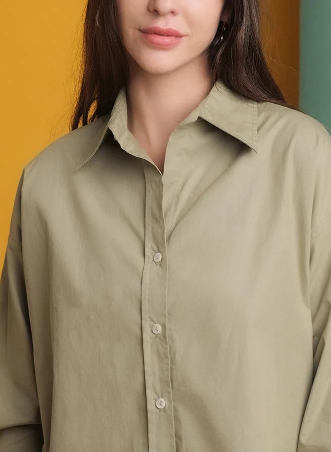 Freehand Freehand Women Green Cotton Oversized Shirt