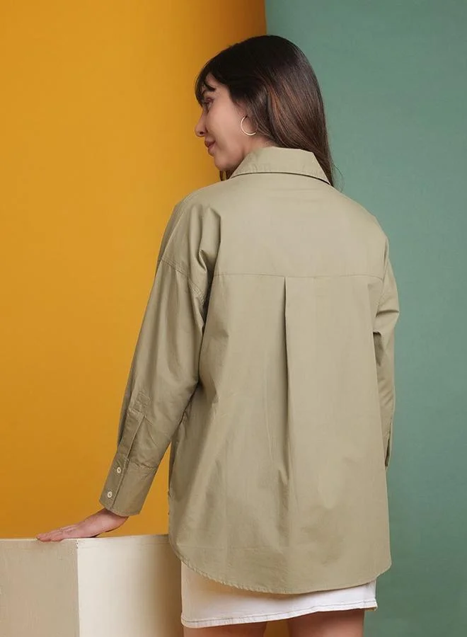 Freehand green Freehand Women Green Cotton Oversized Shirt for Women | Best Price UAE