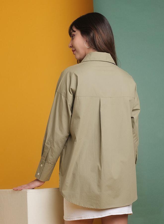 Freehand Women Green Cotton Oversized Shirt - Image 5