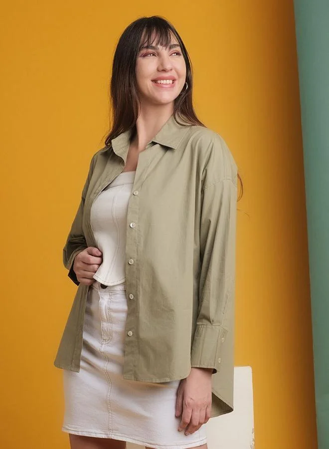 Freehand Freehand Women Green Cotton Oversized Shirt