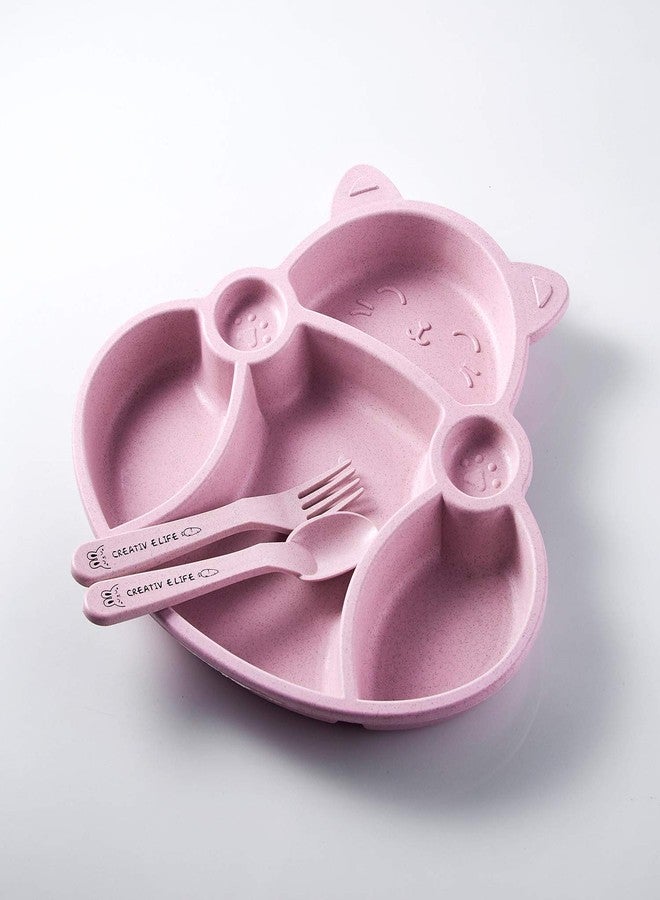 MEZON صينية عشاء مقسمة من قش القمح من ميزون، طقم عشاء غير قابل للكسر للأطفال، أطباق عشاء مع وعاء، كوب، شوكة، ملعقة، عيدان طعام، طقم أدوات مائدة، طقم عشاء للأطفال (وردي) - Image 2