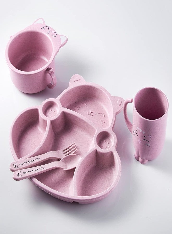 MEZON صينية عشاء مقسمة من قش القمح من ميزون، طقم عشاء غير قابل للكسر للأطفال، أطباق عشاء مع وعاء، كوب، شوكة، ملعقة، عيدان طعام، طقم أدوات مائدة، طقم عشاء للأطفال (وردي) - Image 1