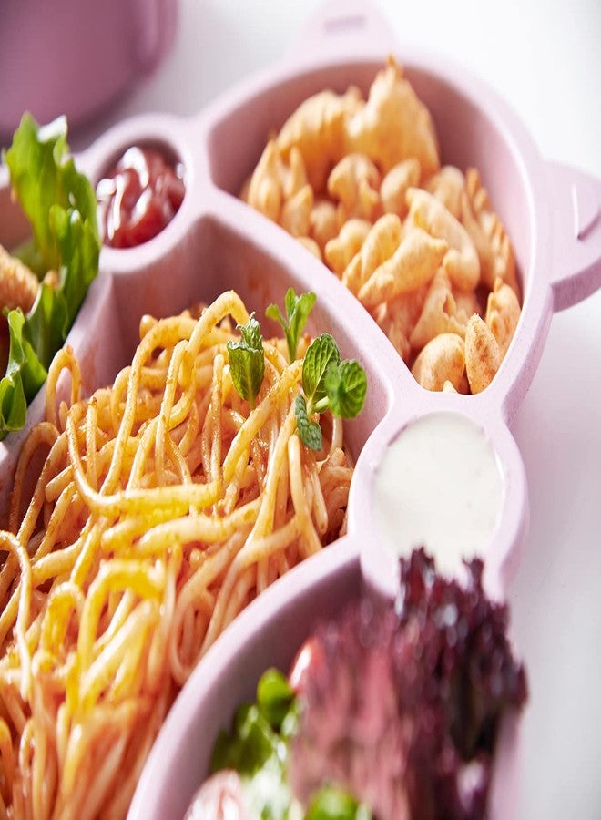 MEZON صينية عشاء مقسمة من قش القمح من ميزون، طقم عشاء غير قابل للكسر للأطفال، أطباق عشاء مع وعاء، كوب، شوكة، ملعقة، عيدان طعام، طقم أدوات مائدة، طقم عشاء للأطفال (وردي) - Image 5