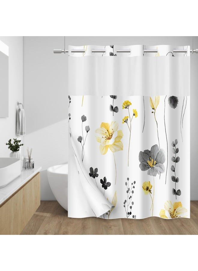 WITHLOC No Hook Shower Curtain with Snap in Liner - Floral Shower Curtain - Fabric Waterproof Inner Liner, Plants Watercolor Yellow Gray Modern Cloth Shower Curtains - Machine Washable, 71 x 74 - Image 1