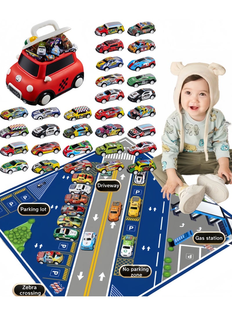 32 Pack Pull Back Toy Cars with Large Car Storage Box And Themed Large Map, Back to Force Toy Cars, Alloy Cast Mini Die-Cast Race Cars, Party Favor Cars Toys, Best Gifts for Toddlers, Birthday Gifts - Image 1