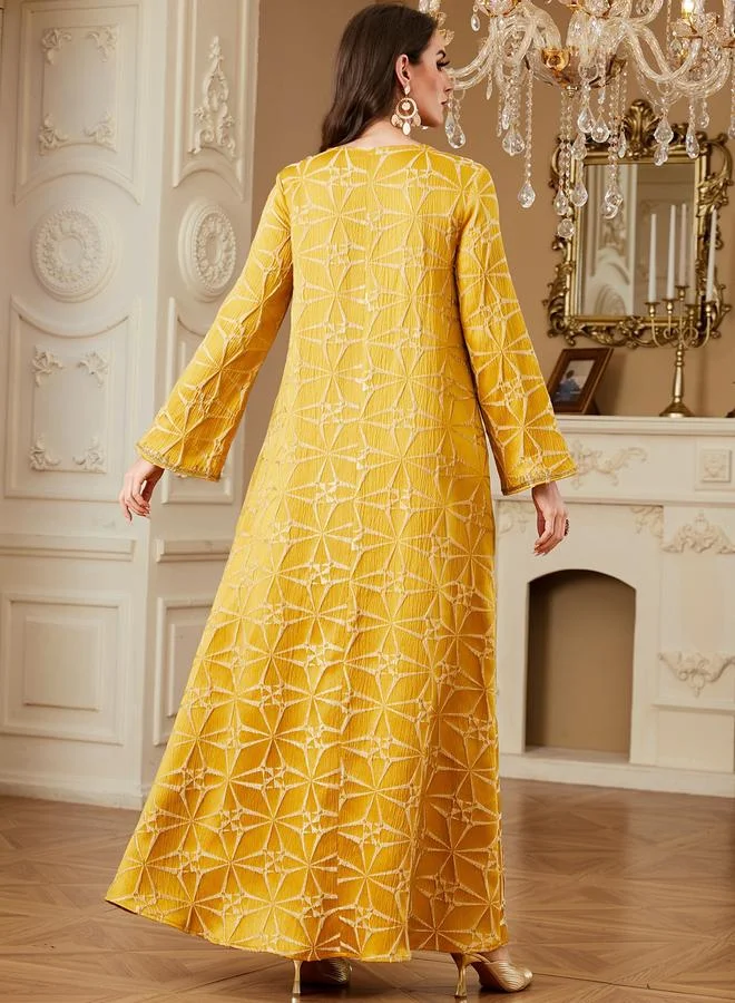 Take Two Yellow Yellow Texture Fabric Faux Pearl Detail Jalabiya for Women | Best Price UAE
