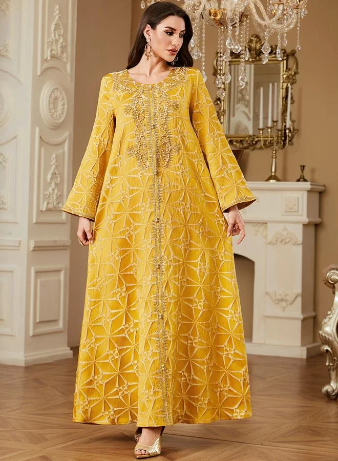 Take Two Yellow Texture Fabric Faux Pearl Detail Jalabiya