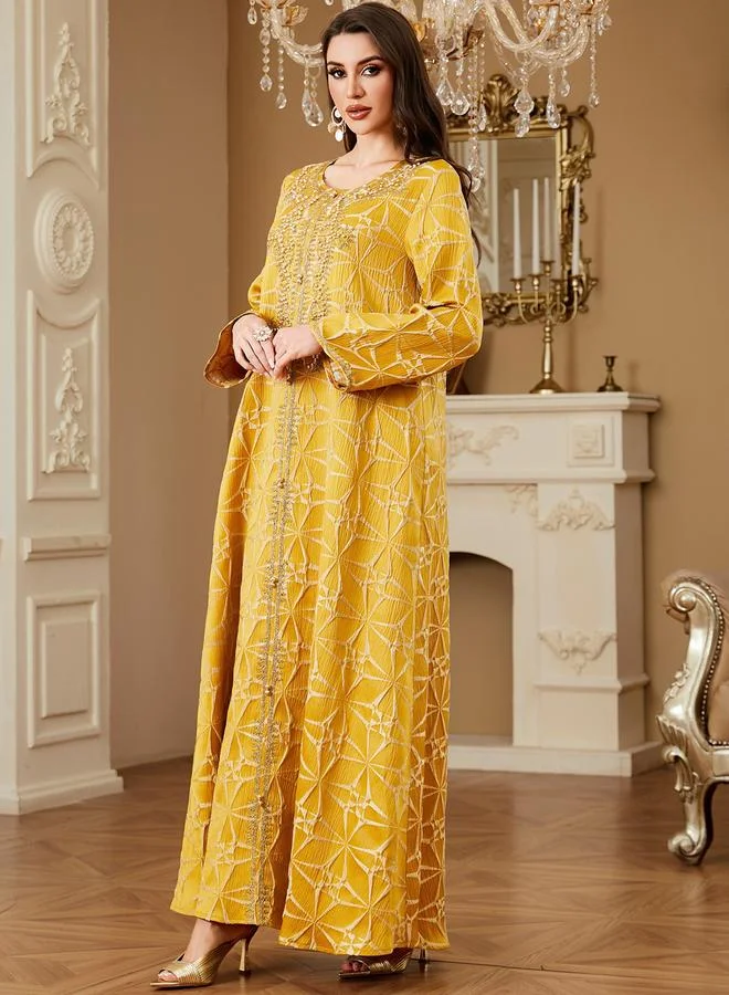 Take Two Yellow Yellow Texture Fabric Faux Pearl Detail Jalabiya for Women | Best Price UAE