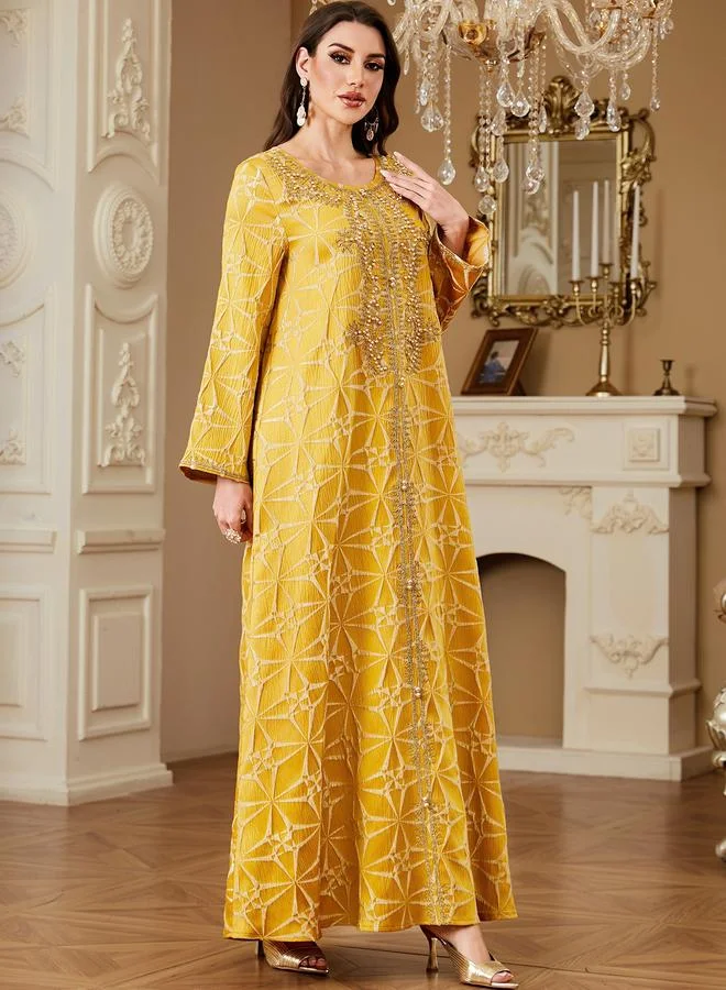 Take Two Yellow Yellow Texture Fabric Faux Pearl Detail Jalabiya for Women | Best Price UAE
