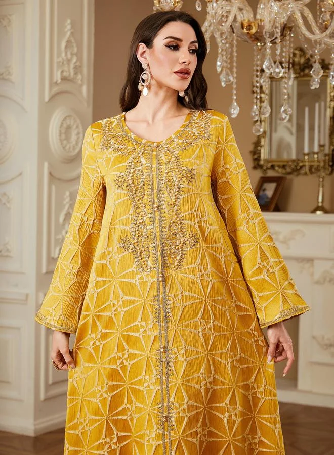 Take Two Yellow Texture Fabric Faux Pearl Detail Jalabiya