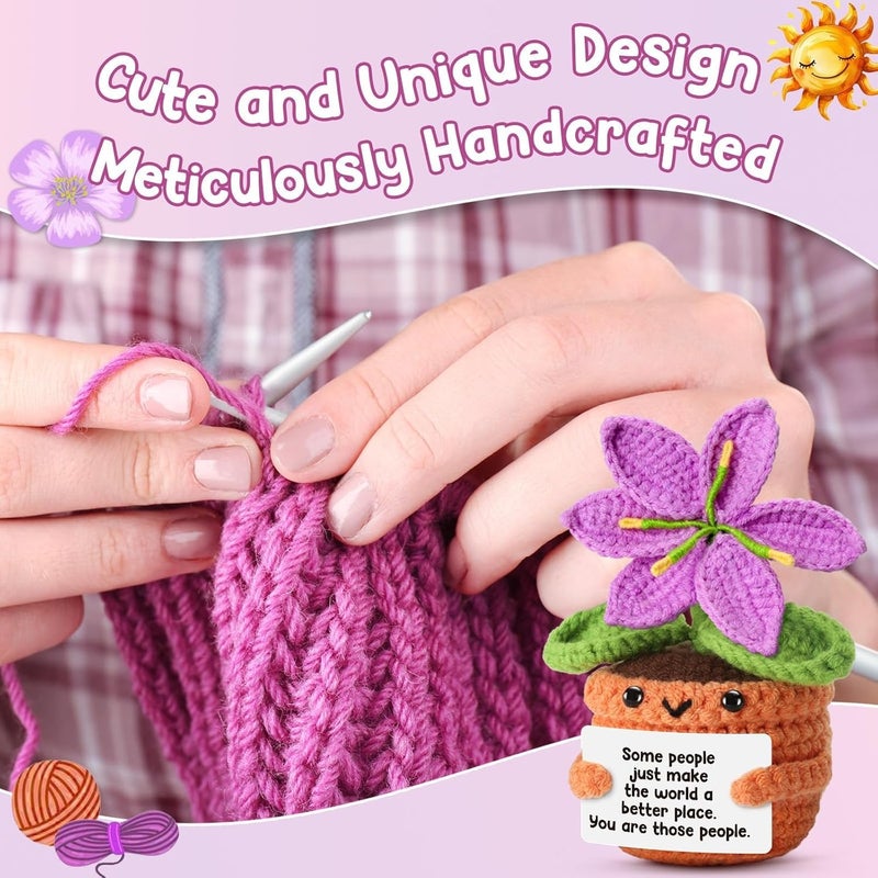 Happy Threads Positive Crochet Purple Lily Flower Plush with Inspirational Message Card, Handmade Knitted Potted Flower Decoration, Cute Desk Décor, Encouragement Gift for Friends, Family, Teachers & Coworkers - Image 3