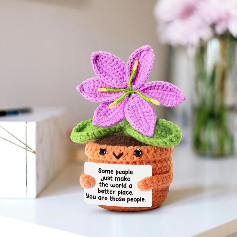 Happy Threads Positive Crochet Purple Lily Flower Plush with Inspirational Message Card, Handmade Knitted Potted Flower Decoration, Cute Desk Décor, Encouragement Gift for Friends, Family, Teachers & Coworkers - Image 4