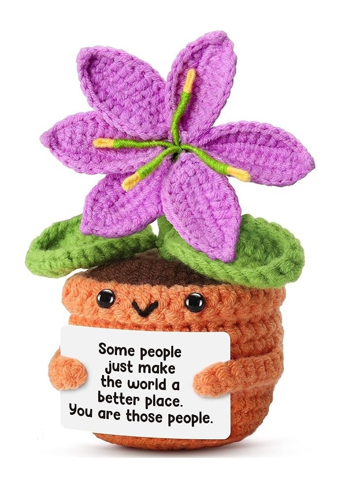 Happy Threads Positive Crochet Purple Lily Flower Plush with Inspirational Message Card, Handmade Knitted Potted Flower Decoration, Cute Desk Décor, Encouragement Gift for Friends, Family, Teachers & Coworkers - Image 1