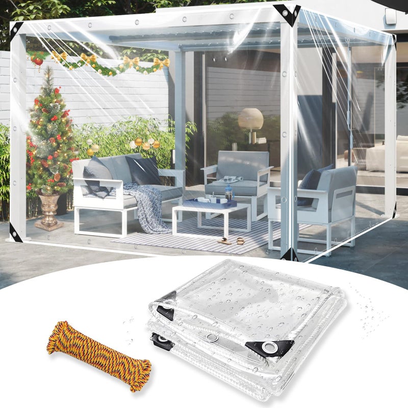 غطاء شفاف CANVINO 8x10 قدم غطاء ثقيل مقاوم للماء مع حلقات حديدية غطاء PVC فينيل سميك مقاوم للتمزق للحماية الخارجية من البرجولات والبيوت الزجاجية والفناء والشرفة