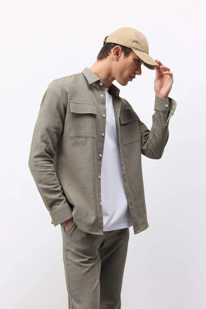ديفاكتو 100% Cotton Regular Fit Polo Collar Linen Look Shirt