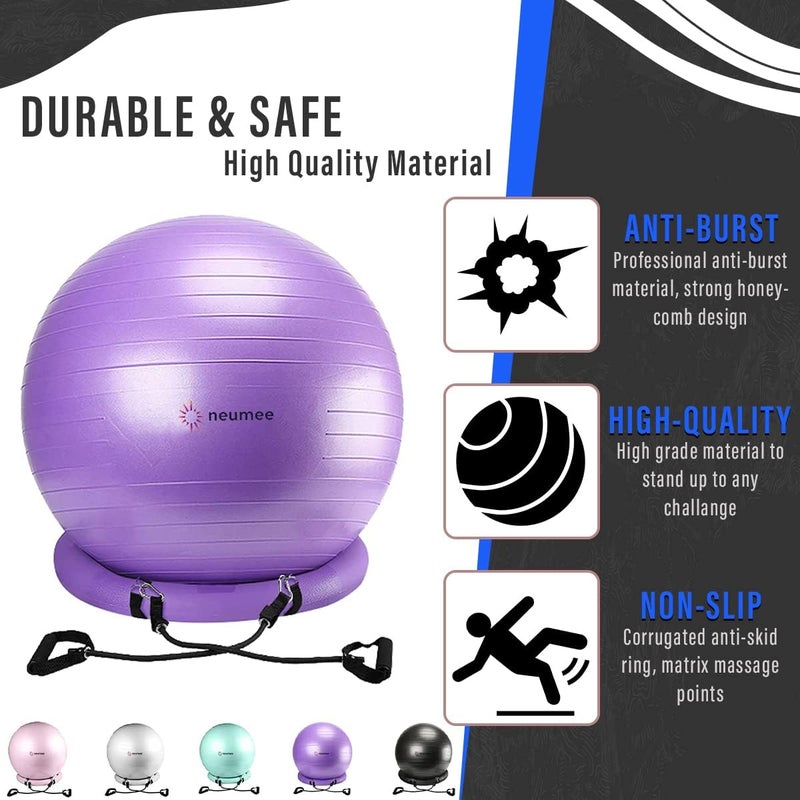 neumee Yoga Ball Chair with 65cm Exercise Ball & 2 Resistance Bands, Stability Base for Home Office, Yoga, Pilates & Fitness, Balance Ball for Posture, Core Strength & Low Impact Workouts - Image 2