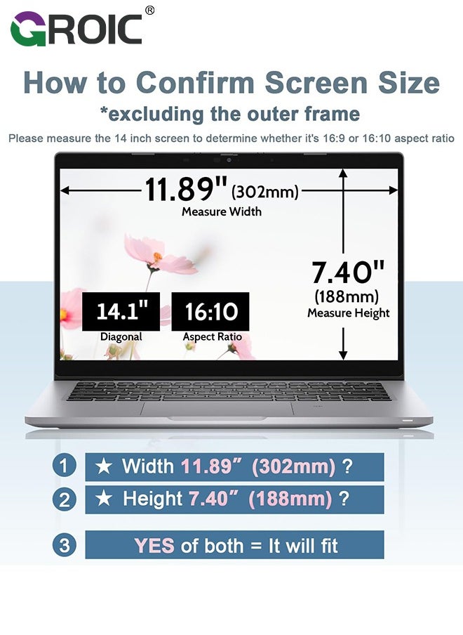 GROIC Laptop Privacy Screen 14.1 Inch for HP Dell Acer Asus Lenovo Thinkpad Envy Xps, 16:10 Aspect Removable Anti Blue Light Glare Privacy Screen Filter Shield, Anti Spy Computer Monitor Security Protector  - Image 2