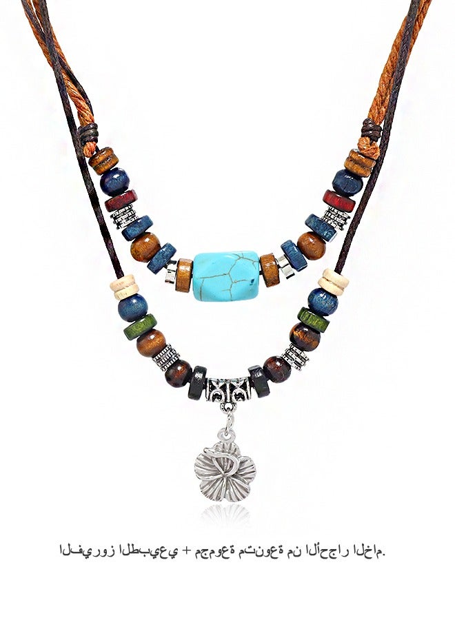 Beyond Multilayer Braided Wooden Bead Necklace, Retro Turquoise Wax Rope Metallic Flowers Necklace (Colorful) - Image 1