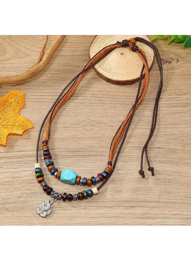 Beyond Multilayer Braided Wooden Bead Necklace, Retro Turquoise Wax Rope Metallic Flowers Necklace (Colorful) - Image 5