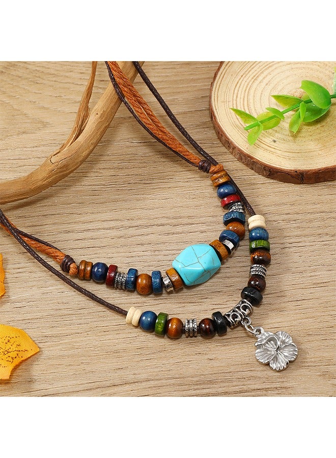 Beyond Multilayer Braided Wooden Bead Necklace, Retro Turquoise Wax Rope Metallic Flowers Necklace (Colorful) - Image 3