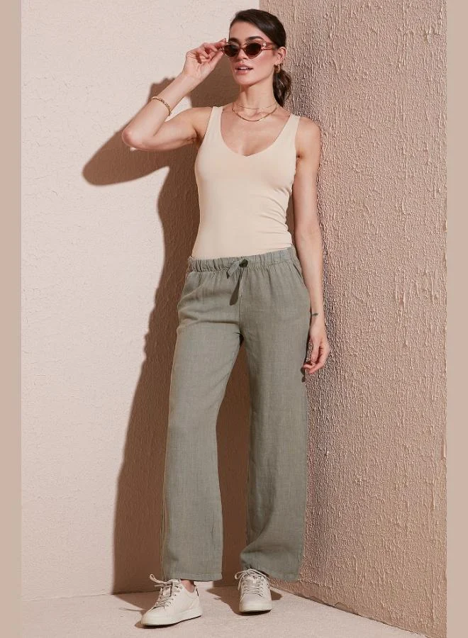 Lela Lela Relaxed Fit Normal Waist Wide Leg Double Pocket Linen Trousers Women's Trousers 668YP4991