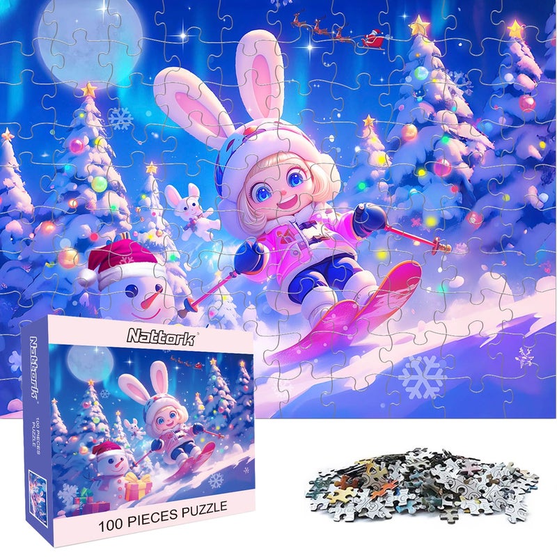 Nattork Jigsaw Puzzles 100 Pieces for Kids Youth Skiing Bunny Pieces Fit Together Perfectly - Image 3