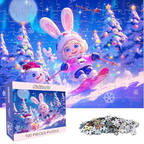 Nattork Jigsaw Puzzles 100 Pieces for Kids Youth Skiing Bunny Pieces Fit Together Perfectly - Image 1