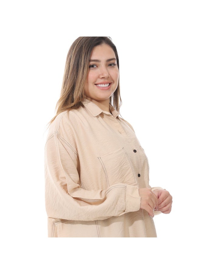 سيزار بلوزة حريمي كتان اوفر سايز مزودة بجيوب علي الصدر  - Image 5