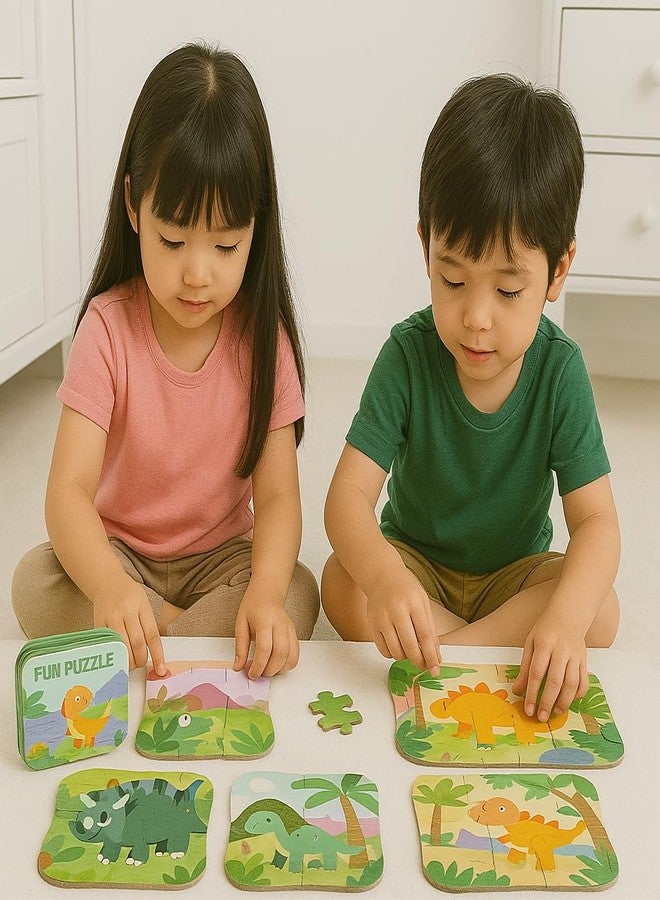 Wudly Jigsaw Puzzle Set in Metal Box, 5 Puzzles with 4-12 Pieces Each, Educational Wooden Toy for Kids 3+ Years - Pig (Dinosaur) - Image 2