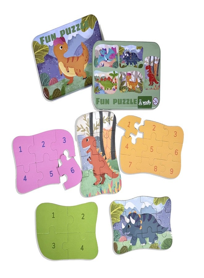 Wudly Jigsaw Puzzle Set in Metal Box, 5 Puzzles with 4-12 Pieces Each, Educational Wooden Toy for Kids 3+ Years - Pig (Dinosaur) - Image 4