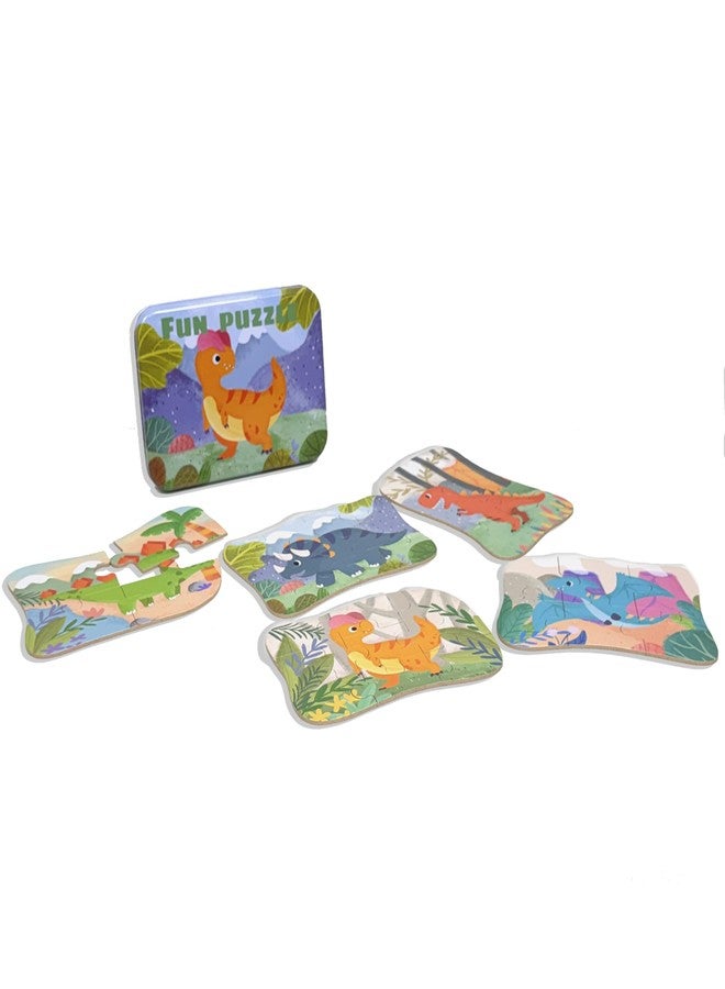 Wudly Jigsaw Puzzle Set in Metal Box, 5 Puzzles with 4-12 Pieces Each, Educational Wooden Toy for Kids 3+ Years - Pig (Dinosaur) - Image 1