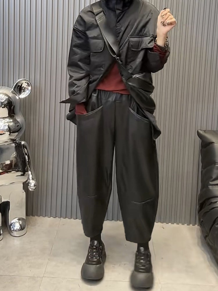 Black Casual Pants Womens Autumn and Winter 2024 New High Waist Personalized Solid Color Meat Covering Pleated Straight Leg PU Leather Pants Black (light spring and autumn thin) 1357#