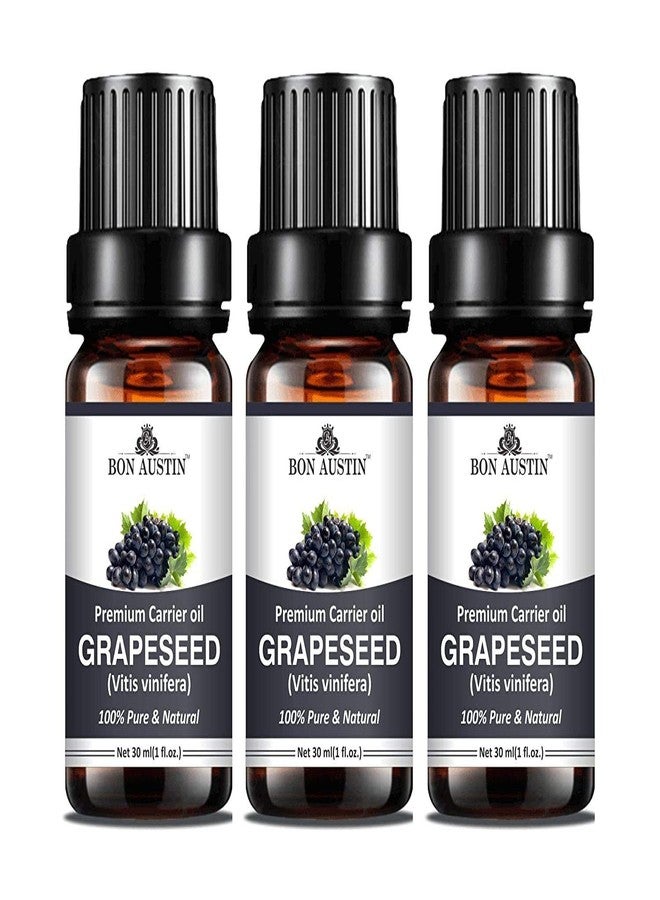 Bon Austin Natural Grapeseed Oil | Pure & Cold-Pressed Oil for Skin, Hair & Body Care | Lightweight, Fast-Absorbing & Vitamin-Rich Moisturizer | Ideal for Acne-Prone Skin, Dry Hair & Massage | Pack of 3 × 30 ml (90 ml) - Image 1