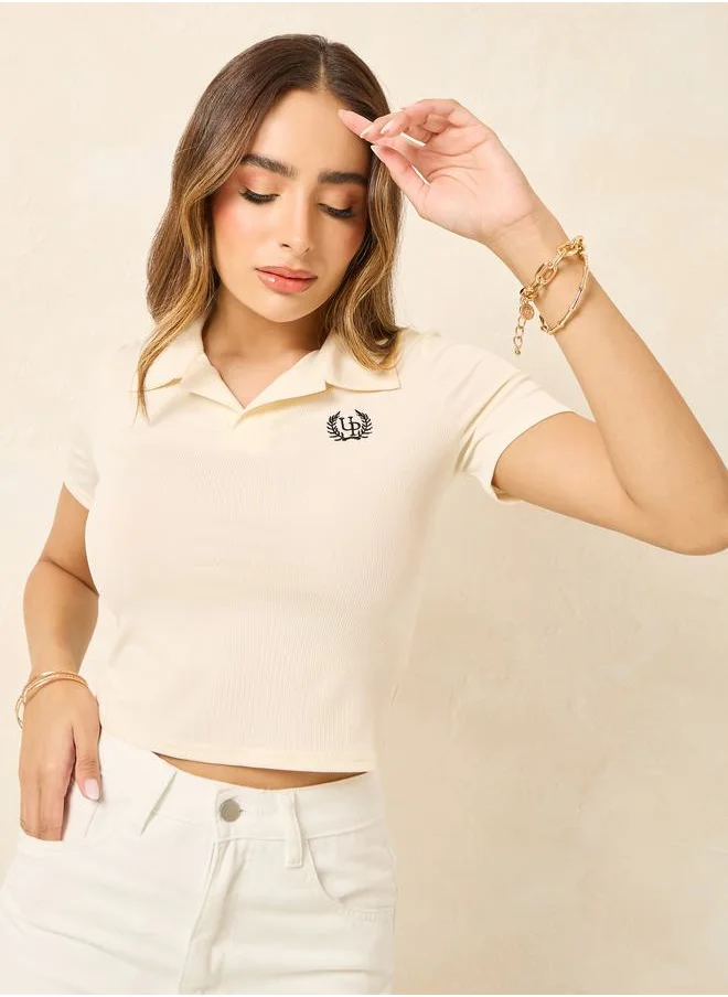 Styli Embroidered Ribbed Fitted Crop Polo T-Shirt
