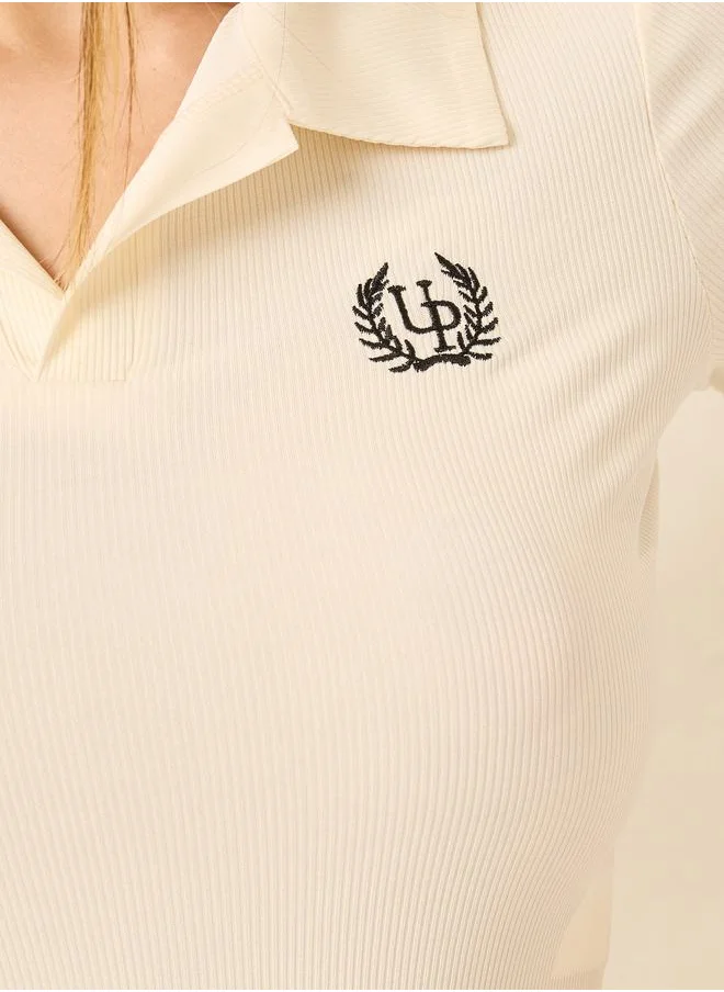 Styli Embroidered Ribbed Fitted Crop Polo T-Shirt