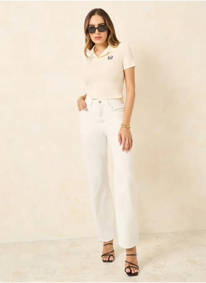Styli Embroidered Ribbed Fitted Crop Polo T-Shirt
