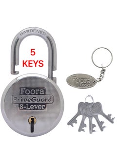 Foora Foora PrimeGuard Round 65mm Lock Long Hardened Shackle Padlock Metal Body Double Locking 8 Steel Lever 5 Silver Keys with Keychain Silver Finsih Made in India Export in USA Canada  - Image 4