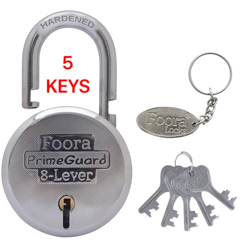 Foora PrimeGuard Round 65mm Lock Long Hardened Shackle Padlock Metal Body Double Locking 8 Steel Lever 5 Silver Keys with Keychain Silver Finsih Made in India Export in USA Canada