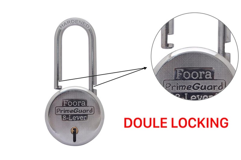 Foora PrimeGuard Round 65mm Lock Long Hardened Shackle Padlock Metal Body Double Locking 8 Steel Lever 5 Silver Keys with Keychain Silver Finsih Made in India Export in USA Canada
