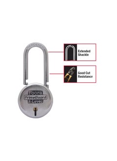 Foora Foora PrimeGuard Round 65mm Lock Long Hardened Shackle Padlock Metal Body Double Locking 8 Steel Lever 5 Silver Keys with Keychain Silver Finsih Made in India Export in USA Canada  - Image 2