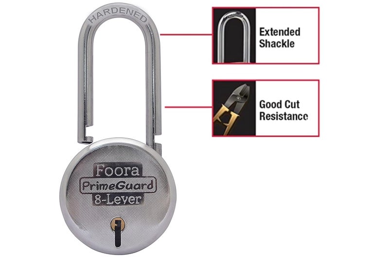Foora PrimeGuard Round 65mm Lock Long Hardened Shackle Padlock Metal Body Double Locking 8 Steel Lever 5 Silver Keys with Keychain Silver Finsih Made in India Export in USA Canada
